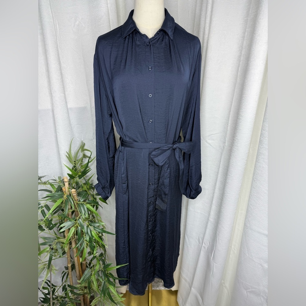 MOUSSY Women’s Navy Long Sleeve Flowy Belted Shirt Dress One Size Fits All